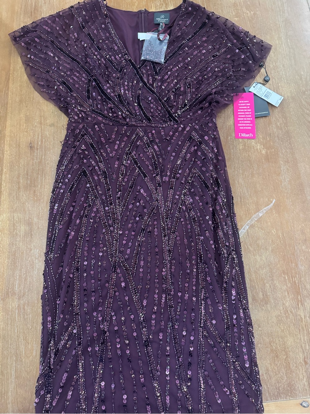 Adrianna Papell Plum Sequin V-Neck Flutter Sleeve Dress